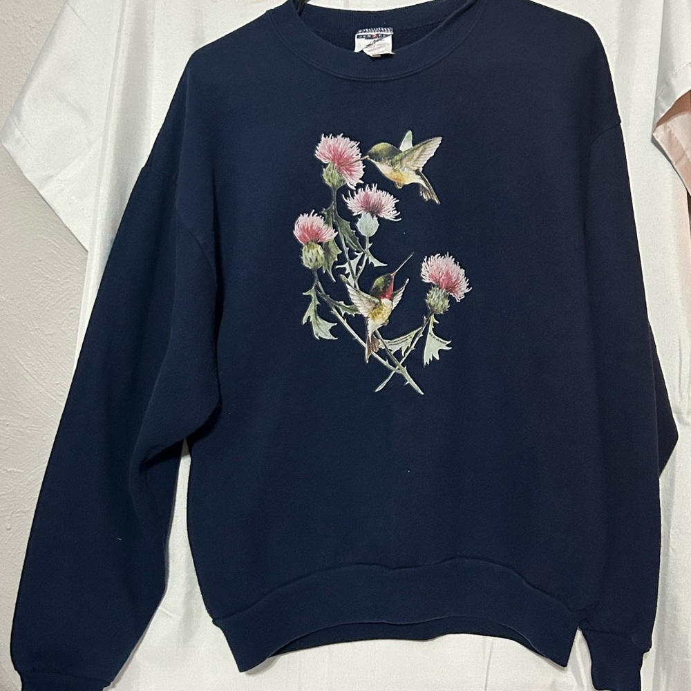 JERZEES Vintage Floral & Hummingbirds Print Appliqué Navy Blue Sweatshirt - L